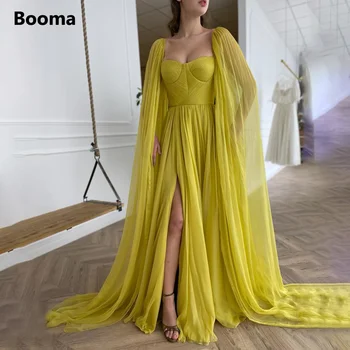 Booma Zarif Sarı Şifon balo kıyafetleri Uzun Pelerin Yan Yarık A-Line Abiye Watteau Tren Pileli Düğün Törenlerinde
