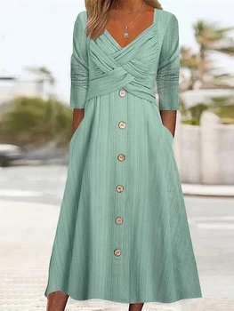 Bayan Elbiseler Düz Renk Uzun Kollu V Boyun Vintage Elbise İlkbahar Yaz Yeni Zarif Giysiler Kadınlar için Uzun Elbiseler Parti Elbise