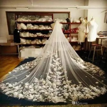 3D Çiçek Gelin Veils 3 M Katedrali Uzunluğu Uzun Beyaz Fildişi Şampanya Düğün Veils Combs ile Tül ve Dantel Aplikler
