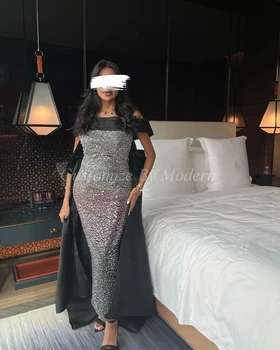 Mermaid Gümüş Sequins Uzun balo kıyafetleri Tekne Boyun Ayak Bileği Uzunluk Suudi Arapça Kadınlar Akşam Önlük Örgün Parti
