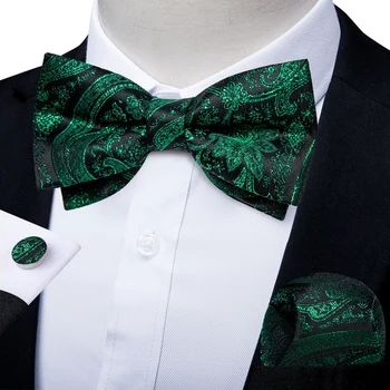 Ayarlanabilir erkek Yeşil Siyah Boe Kravat Mendil Kol Düğmeleri Seti Düğün İş erkek Önceden bağlı Bowties İpek Kelebek Knot