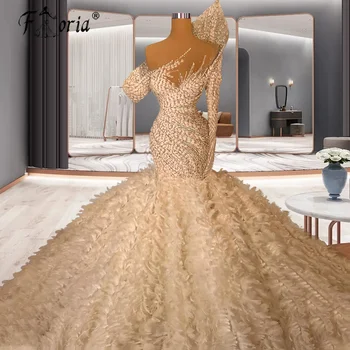 Muhteşem Dubai Mermaid Düğün Akşam Elbise Luxo El Yapımı Kristal Tüyler Örgün Parti Elbiseler Vestido فساتين مناسبة حسب الطلب