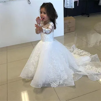 Moda Beyaz Çiçek Kız Elbise Dantel Aplike Uzun kollu Düğün için O-Boyun Elbiseler Kız Komünyon Pageant elbise