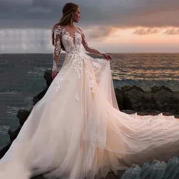 Dantel Aplike gelin kıyafeti Kadınlar İçin Vestido De Noiva Illusion Uzun Kollu Plaj düğün elbisesi Artı Boyutu Elbise De Mariée