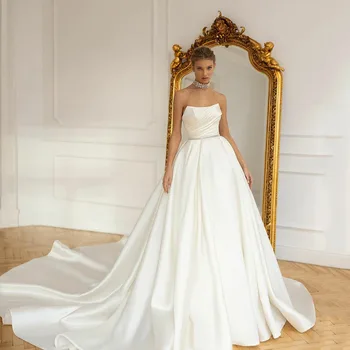 Doymeny Mütevazı Prenses düğün elbisesi Saten Bir Çizgi Boncuk Kemer Gelin Elbiseler Backless gelinlik Uzun tren Vestido de novia