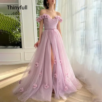 Thinyfull Bir Çizgi Uzun balo kıyafetleri Kapalı Omuz 3D Çiçekler Tül Balo Abiye Yan Yarık Homecoming Akşam Parti Elbiseler Kızlar için