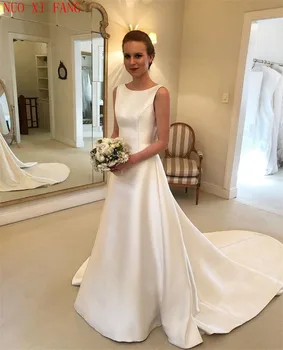 2022 En Ucuz Boho A-line Mücevher Backless düğün elbisesi Sweep Tren Saten Gelin Elbise Yay Geri Ülke Düğün Gelin Elbiseler