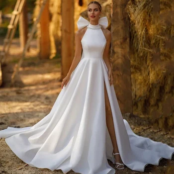Furtanseo Seksi A-Line Gelinlik Beyaz Halter Boyun Yüksek Bölünmüş Elbise 2023 Backless Saten Düğün Akşam Balo elbisesi Artı Boyutu