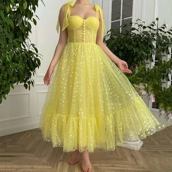 2021 Limon Sarı Balo Elbise Tül Doyurucu Bir Çizgi Sevgiliye Yay düğüm Sapanlar Düğmeler Ayak Bileği Uzunluğu Örgün Akşam Partisi törenlerinde