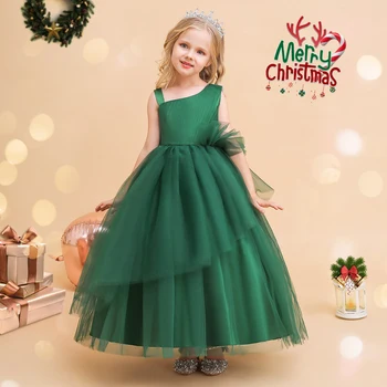 Klasik Kolsuz Çiçek Kız Elbise Yeşil Tül ve Yay ile A-Line Ayak Bileği Uzunlukta Düzensiz Bebek Noel Festivali Önlük