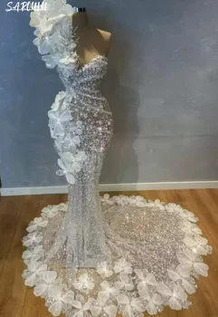 Sparkly Bir Omuz Abiye Lüks Kat uzunlukta gelin elbiseleri Romantik Mermaid gelin elbiseleri Vestidos De Novia