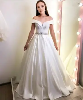 Düğün elbisesi 2021 a-line Cap Sleeve Beyaz Saten Kemer İle Kat Uzunluk gelinlikler Büyüleyici Bayan Gelin Olmak Fermuar Beyaz
