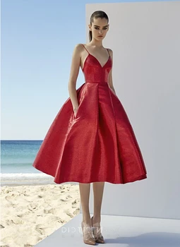 Ensotek Moda Kırmızı Çay Boyu Abiye 2024 Seksi V Yaka Askı Balo Parti Elbise Robe De soiree