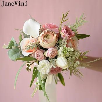JaneVini Vintage Allık Pembe Gelin Çiçekler Düğün Buket De Fleur Artificielle Yapay Gül gelinçiceği Gelin Buketleri