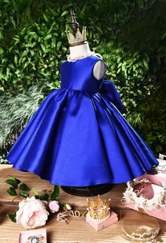 CloverBridal 2022 Saten Kraliyet Mavi A-line Kız Bebek Doğum Günü Küçük Çiçek Kız Elbise Parti Elbiseler robe ceremonie fille WF9720