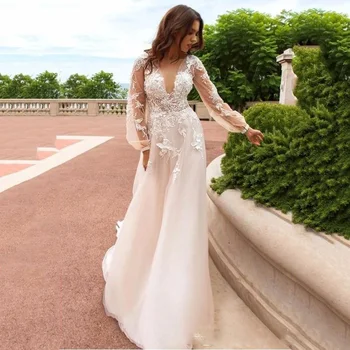 Sumnus Vintage Gelinlik 2020 V Yaka Uzun Kollu Boncuklu Plaj Gelin Elbise Boho Seksi Dantel Gelinlikler vestidos de novia
