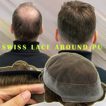 Avustralya Baz Erkekler Peruk İsviçre Dantel PU Silikon Etrafında Postiş insan saçı Değiştirme Sistemi Protez Peruk Erkekler İçin