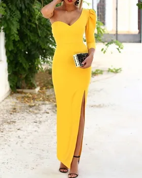 Sarı Kılıf Akşam Resmi Elbise 2023 Kat Uzunluk Uzun Kollu Bir Omuz Saten Kadınlar Balo Parti Törenlerinde Seksi Robe De Soiree