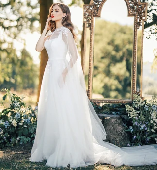 Aplike Beyaz Fildişi Düğün Gelin Pelerin Uzun Ceket Sarar Gelin Kadınlar için Evlilik Aksesuarları Seksi Kat Uzunluk Pelerinler
