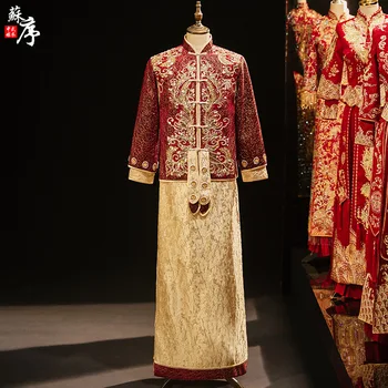 Erkekler İçin yüksek Kaliteli Damat Nakış Cheongsam Ziyafet Çince Geleneksel Elbise Düğün Mandarin Yaka китачская одечда