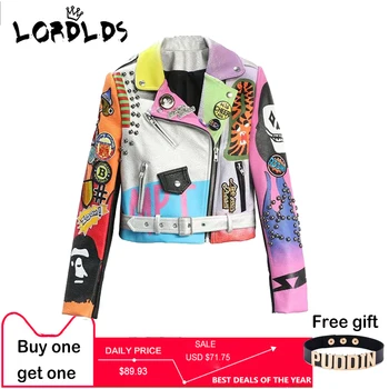 LORDLDS Kırpılmış deri ceketler Kadın Hip hop Renkli Çivili Ceket Yeni Bahar Bayanlar Motosiklet Punk Kırpılmış Ceket kemer ile