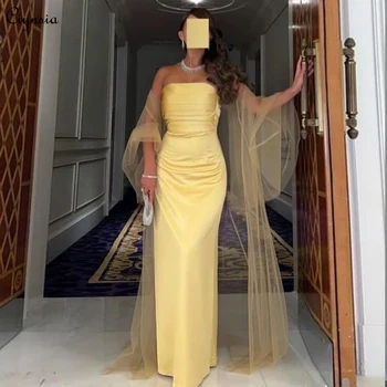 Cıynsıa Dubai Arapça Sarı gece elbisesi Kadınlar ıçin Zarif Parti Mermaid Kapalı Omuz Saten Basit Resmi Elbise Tül Şal