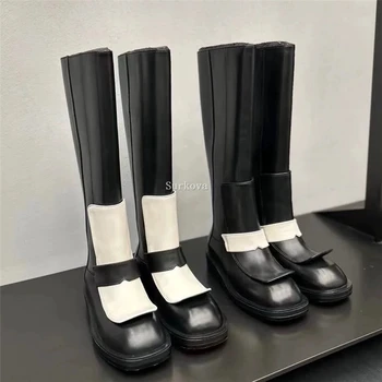 Kadın Diz Yüksek Uzun Çizmeler Kış Bayanlar Tıknaz Topuklu Siyah ve Beyaz Kare Burunlu Ayakkabı Karışık Renkler Seksi Charm binici çizmeleri