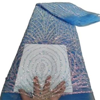 Son Mavi Afrika kristal Pullu Dantel Kumaş Nakış Fransız Örgü Dantel payetli kumaş Nijeryalı Tül Dantel Parti İçin
