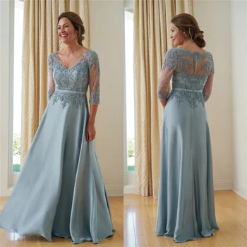 Uzun anne Düğün için Gelin Elbiseler 2023 Illusion 3/4 Kollu Pastel Mavi V Boyun Aplikler A-Line Resmi vestidos