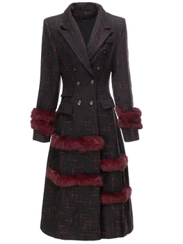 YÜKSEK KALITE Yeni 2023 Sonbahar Kış Moda Tasarımcısı Palto kadın Yaka Kürk Patchwork Kruvaze Uzun Kollu Ceket