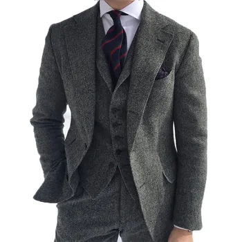 Gri Balıksırtı erkek Takım Elbise Tüvit İngiliz Tarzı Custom Made Erkek Takım Elbise Slim Fit Blazer Düğün Takımları Erkekler için 3 adet