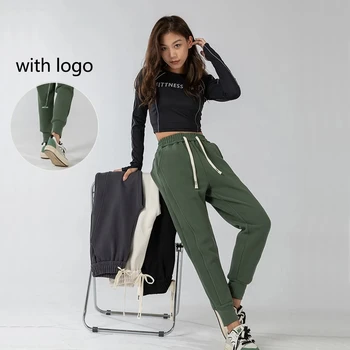 Logo ile Kadın İpli Gevşek Fit fitness yoga pantolonu Spor Jogger Sweatpants Sıcak Kış Aktif Salon Kadın Spor Giyim