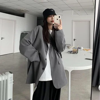 HOUZHOU Boy kadın Blazer Ceket Kore Moda Streetwear Şık ve Zarif Vintage Gri Blazers Gotik Tarzı Rahat Ceket