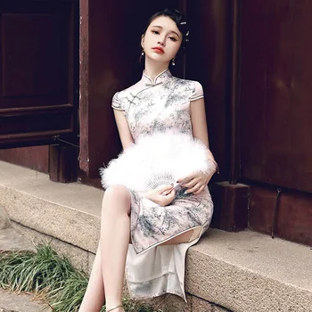 2023 Yaz Zarif Kısa kollu İpek Orta uzunlukta Seksi Cheongsam Çin Tarzı Performans Akşam Elbise Qipao Kadınlar için parti