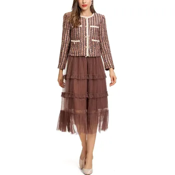 Tasarımcı Yeni Bahar Sonbahar kadın Seti Tüvit Ceket Üstleri Örgü Etekler Vintage Zarif Ofis Rahat Parti Moda Yüksek Kaliteli Takım Elbise