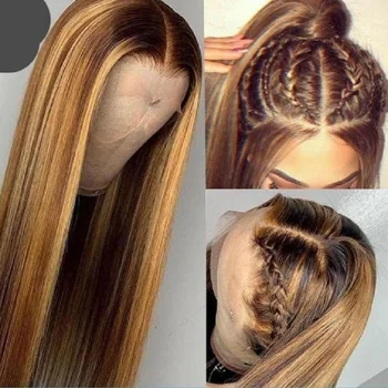 26 inç Uzun Yumuşak Tutkalsız Vurgulamak Sarışın Düz Avrupa Yahudi insan saçı HD 13x4 Dantel ön peruk Kadınlar İçin Bebek Saç İle