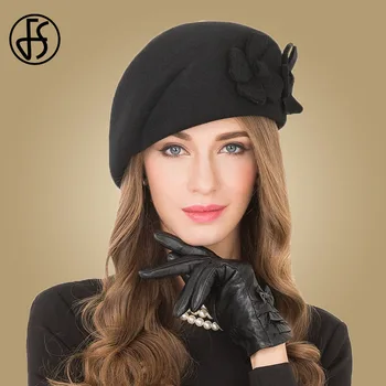 FS Vintage Siyah Fransız Bere %100 % Yün Şapka Kadınlar Için Kırmızı Pembe Çiçek Fedora Kış Keçe Bayanlar Kilise Şapkaları Chepeau Feminino