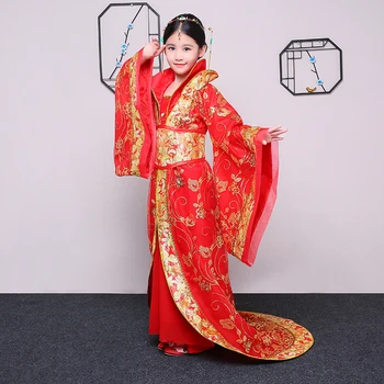 Hanfu sahne kostümleri çocuk kostümleri kadın Tang Hanedanı imparatoru saray kırmızı kuyruk işlemeli prenses antik hanfu peri