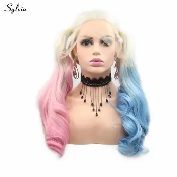 Sylvia Uzun Dalgalı ısıya dayanıklı Sentetik Dantel ön peruk Kadınlar için Sarışın Ombre Yarım Mavi / Yarım Pembe Peruk Cadılar Bayramı Cosplay Peruk