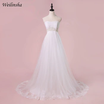 Weilinsha Basit A-Line Straplez düğün elbisesi kadın Kolsuz Mahkemesi Tren Tül gelinlikler ile Hamile için Aplikler