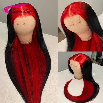 Ombre Kırmızı Renkli 13X4 Dantel Ön İnsan Saç Peruk Düz Kırmızı Vurgulamak Brezilyalı Remy sırma ön peruk Kadınlar İçin Önceden Koparıp