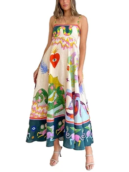 Kadın Spagetti Kayışı Kolsuz Elbise Yaz Flowy A-Line Parti uzun elbise Kokteyl Plaj Streetwear