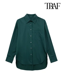 TRAF Kadın Moda Cep Asimetrik Poplin Gömlek Vintage Uzun Kollu düğmeli Kadın Bluzlar Blusas Chic Tops