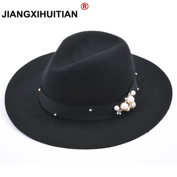 2017 Marka kadın Inciler Fedora siyah gerçekten 100%Yün Şapka asil Yün Geniş Ağız Caz Kilise Kap Vintage Panama Güneş silindir şapka