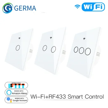 WiFi Akıllı Cam Panel Anahtarı Tuya App Uzaktan Kumanda Alexa Echo İle Çalışmak Google Ev RF433 AB Tipi Beyaz Dokunmatik 1/2/3 Gang