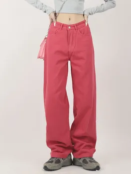 ZHISILAO Yeni Gül Kırmızı Geniş Bacak düz kot Kadın Gevşek Baggy Tam Boy kot pantolon 2023 Streetwear