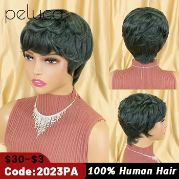 Peri kısa Kesim insan saçı Dalgalı Peruk Doğal Siyah Renk Tutkalsız Peruk Brezilyalı Remy Saç Kadınlar İçin Tam Makine Yapımı Peruk