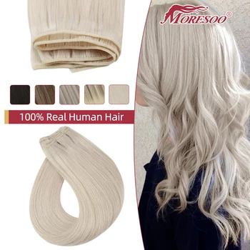 Moressoo insan saçından örülmüş Bakire Saç 100 % gerçek insan saçı postiş Düz 50 g/adet 14-22 inç Doğal Görünmez Dikmek Paket