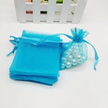 500 adet Organze Çantalar Göl Mavi Organze hediye keseleri Takı Ambalaj İçin Ekran Noel düğün takısı Depolama İpli Çanta