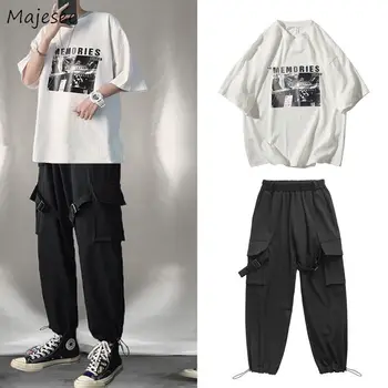 Erkekler Setleri Baskılı Çok cepler Büyük Boy 3XL Kore Tarzı Moda Eğlence Şık Erkek kargo seti Gençler Ins BF Hip-hop Streetwear